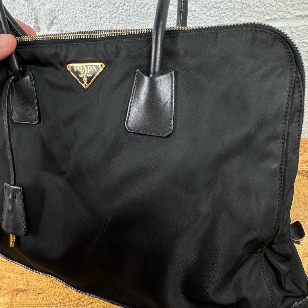 Vintage Prada Black Nylon Leather Trim Zip Tote Bag w/ Lock & Key - Picture 3 of 16